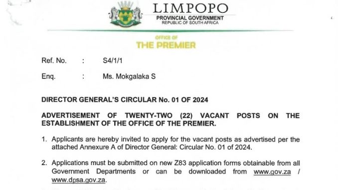 Limpopo Office of the Premier Circular No. 01 of 2024 Apply for Permanent Vacancies at Limpopo Office of The Premier (X22 Posts)