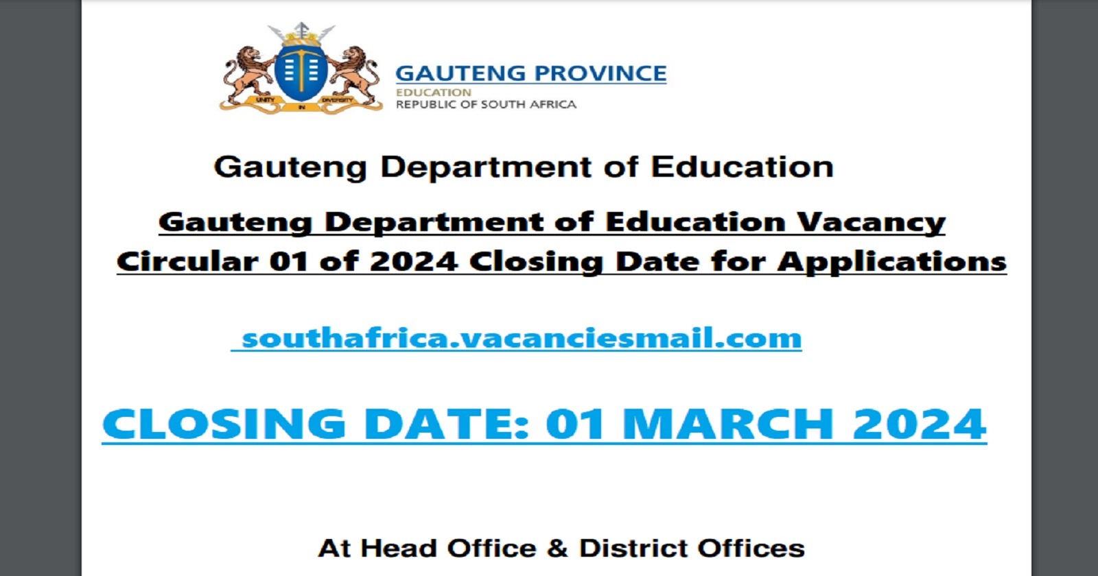 Gauteng Department of Education Vacancy Circular 01 of 2024 Apply for