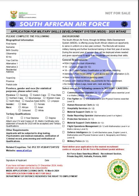 Sa Airforce Application Forms 20242025 Intakes Apply Before March 15 2024 South Africa 0552