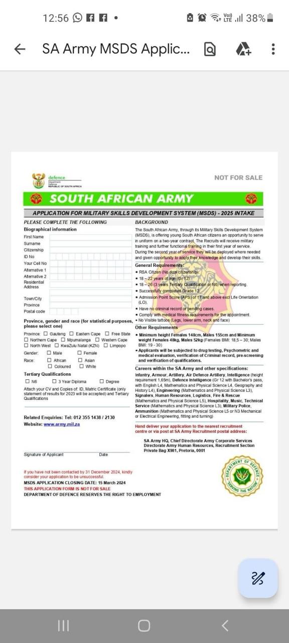 SA Army Application Forms 2024/2025 Intakes Apply Before March 15, 2024